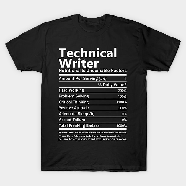 Technical Writer T Shirt - Nutritional and Undeniable Factors Gift Item Tee T-Shirt by Ryalgi